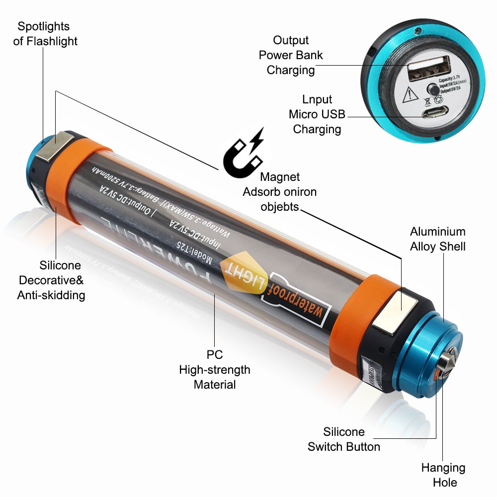 4 IN 1 POWERLITE USB Rechargeable Waterproof Travel Light LED Lamp Magnetic Torch Power Bank Car Escape Hammer PYLITE